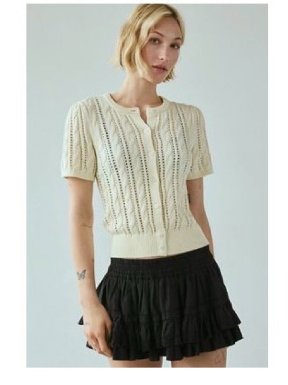 Urban Outfitters Kimchi Blue Cream Cable-Knit Short-Sleeve Cardigan Sweater